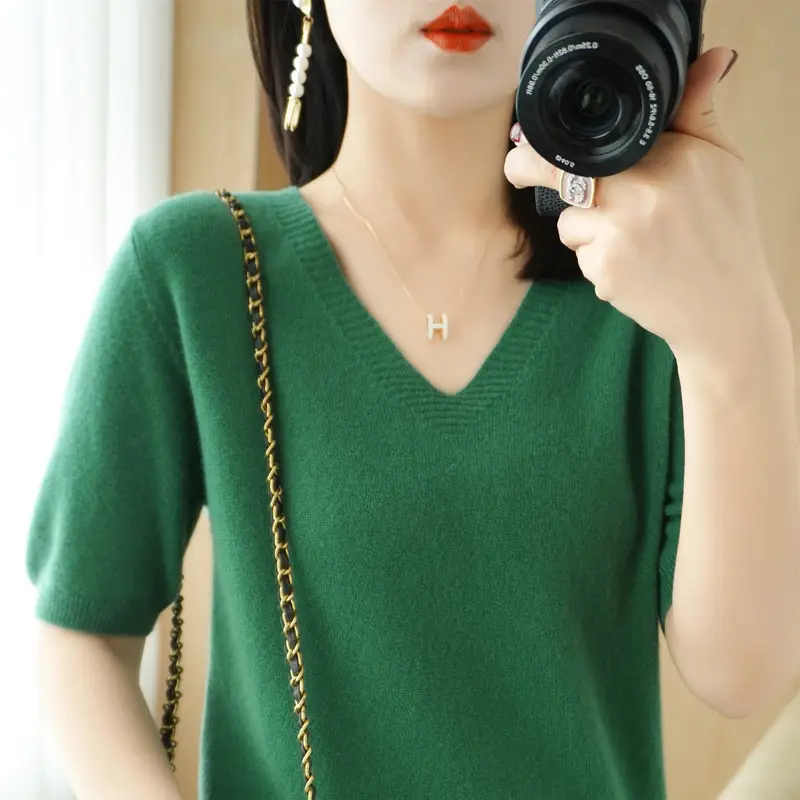 Black V-Neck Knitted Pullover Women Spring Summer