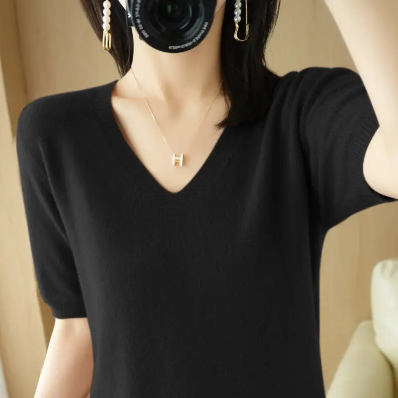 Black V-Neck Knitted Pullover Women Spring Summer
