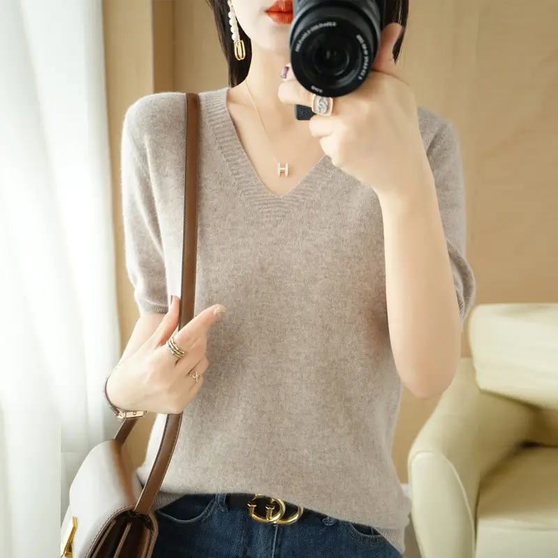 Black V-Neck Knitted Pullover Women Spring Summer