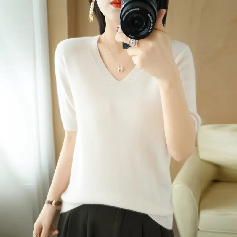Black V-Neck Knitted Pullover Women Spring Summer