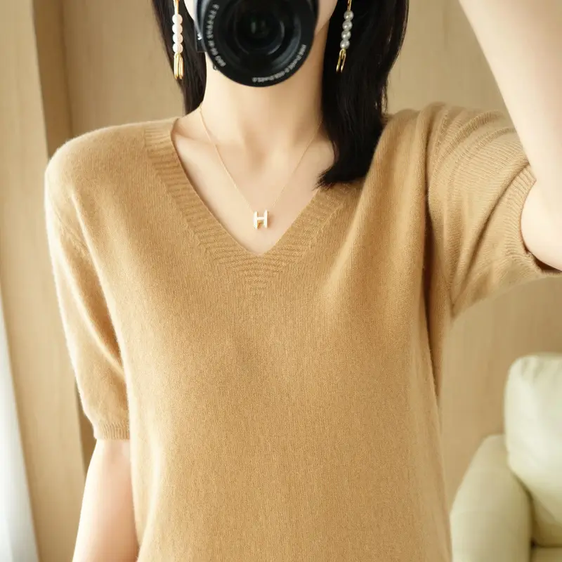 Black V-Neck Knitted Pullover Women Spring Summer