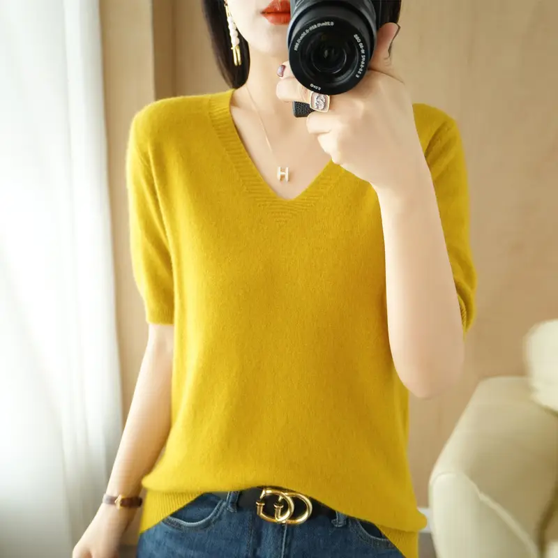 Black V-Neck Knitted Pullover Women Spring Summer