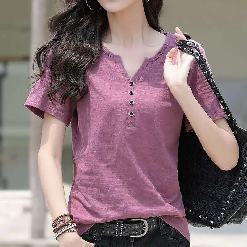 Women V-Neck Cotton T-Shirt White Plus Size 2024 - Image 2