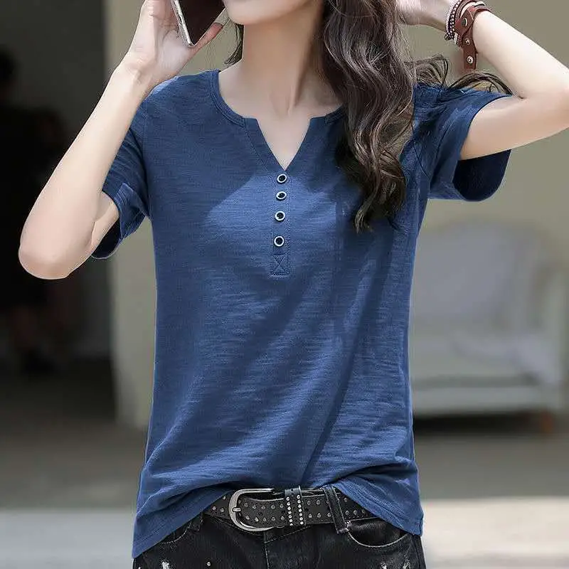 Women V-Neck Cotton T-Shirt White Plus Size 2024 - Image 4