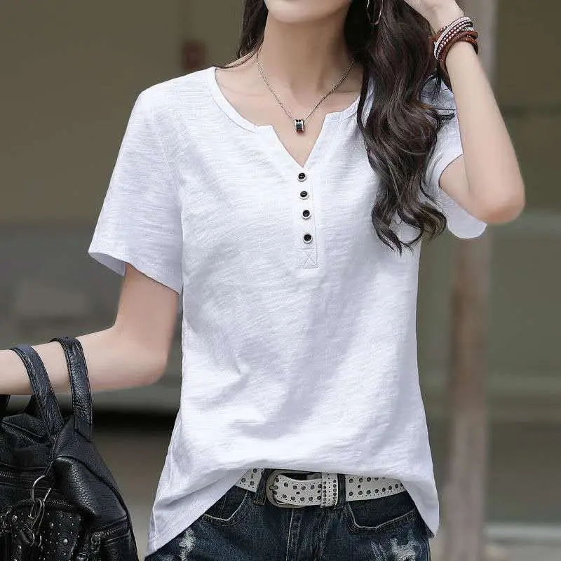 Women V-Neck Cotton T-Shirt White Plus Size 2024 - Image 3