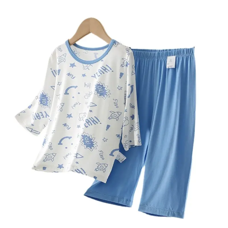 Children's Pajamas Set White Blue Go Go Cotton Summer - Image 13
