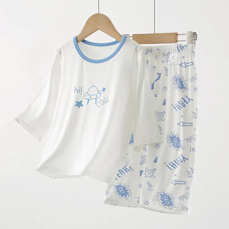 Children's Pajamas Set White Blue Go Go Cotton Summer - Image 2