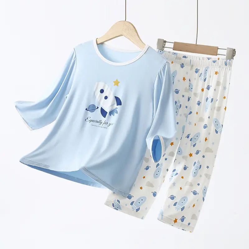 Children's Pajamas Set White Blue Go Go Cotton Summer - Image 3