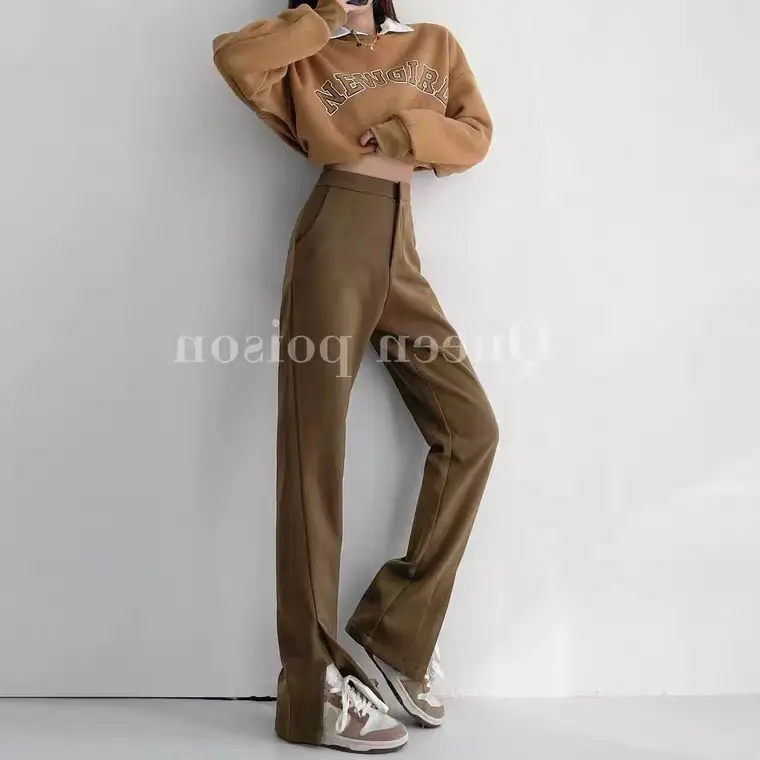 Women Brown High Waist Wide Leg Split Mop Pants Spring Summer 2022 - Image 2