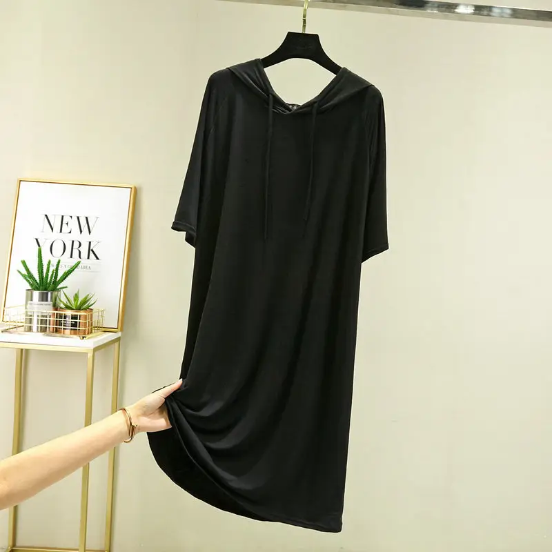 Women's Black Long Sleeve Hooded T-Shirt Dress Large - Image 8