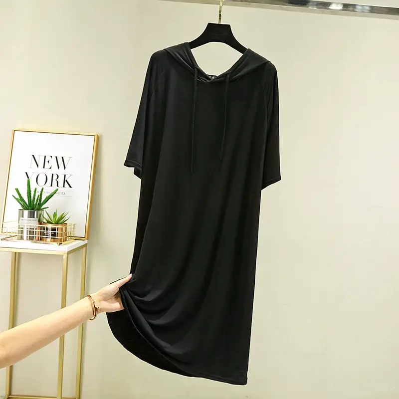 Women's Black Long Sleeve Hooded T-Shirt Dress Large — feature 19