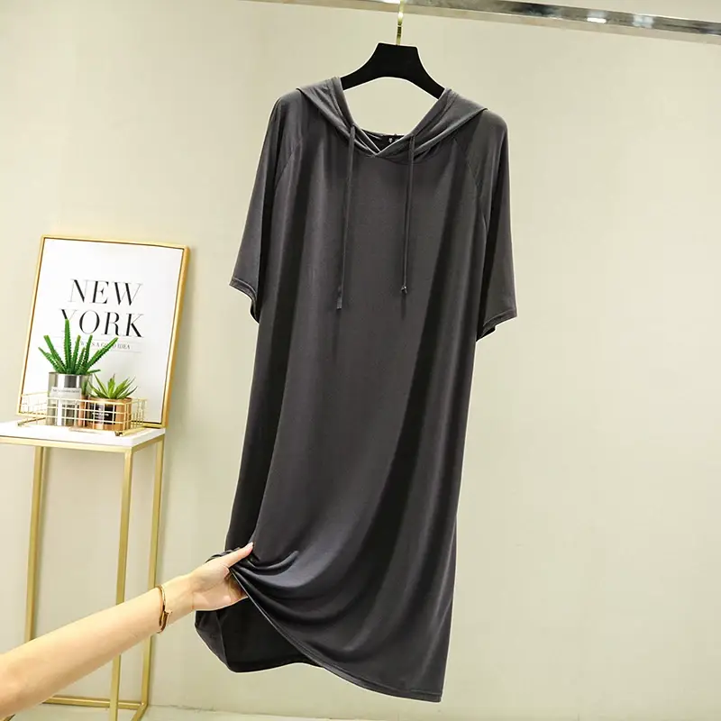 Women's Black Long Sleeve Hooded T-Shirt Dress Large — feature 21