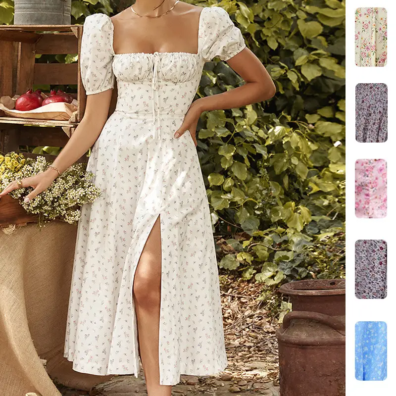 2026 Spring Floral Slit Dress Women Square Neck - Image 25