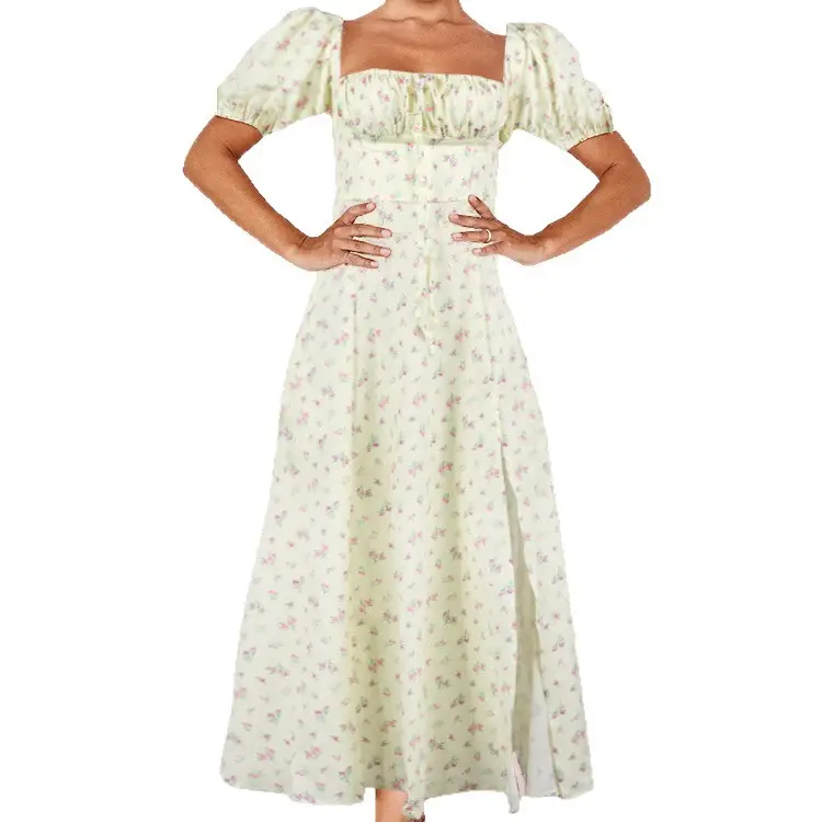 2026 Spring Floral Slit Dress Women Square Neck - Image 29