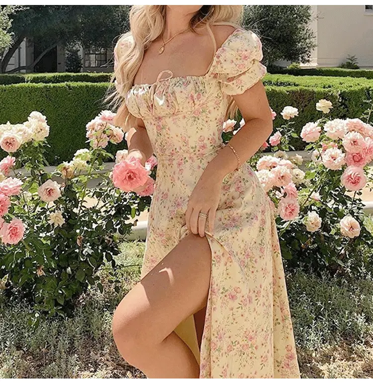 2026 Spring Floral Slit Dress Women Square Neck — feature 11