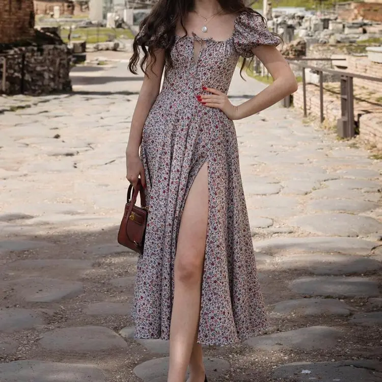 2026 Spring Floral Slit Dress Women Square Neck - Image 2