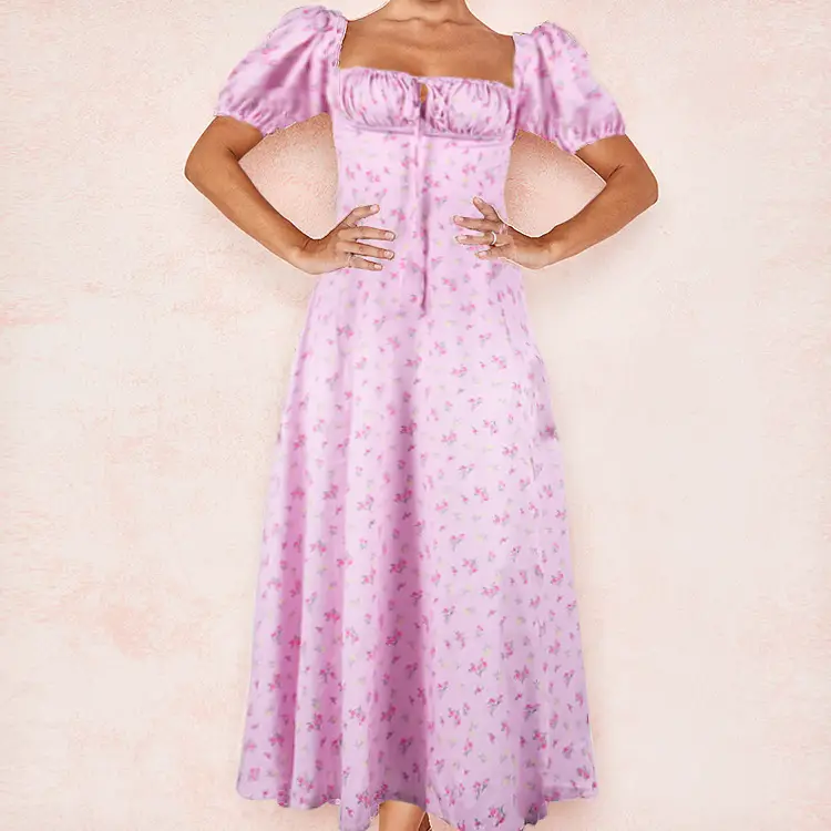 2026 Spring Floral Slit Dress Women Square Neck - Image 5