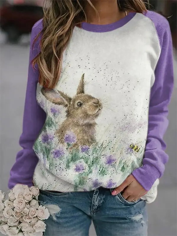 Rabbit Print Long Sleeve Sweatshirt Women Pink - Image 28