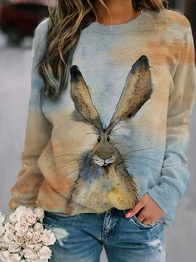 Rabbit Print Long Sleeve Sweatshirt Women Pink - Image 4