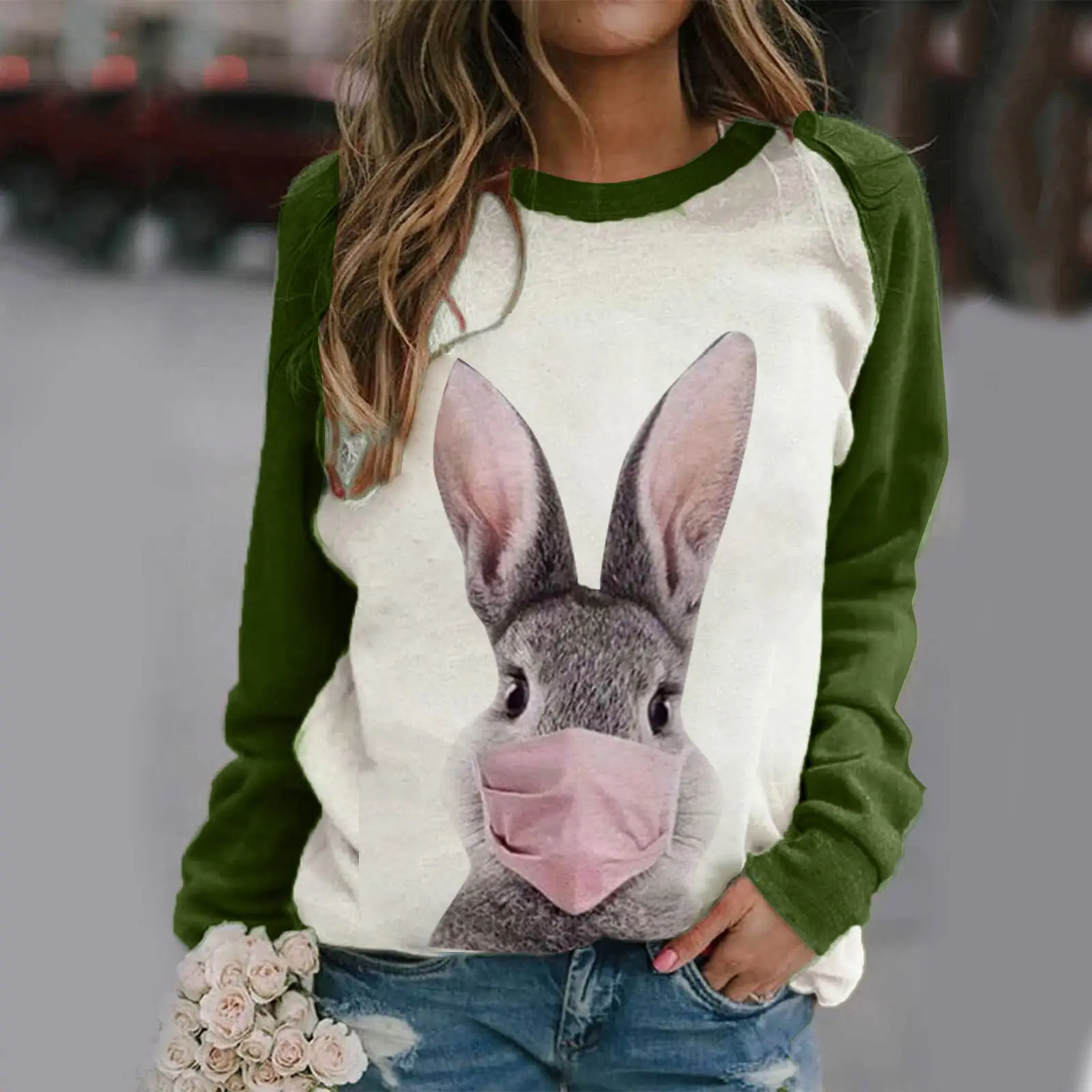 Rabbit Print Long Sleeve Sweatshirt Women Pink — feature 3
