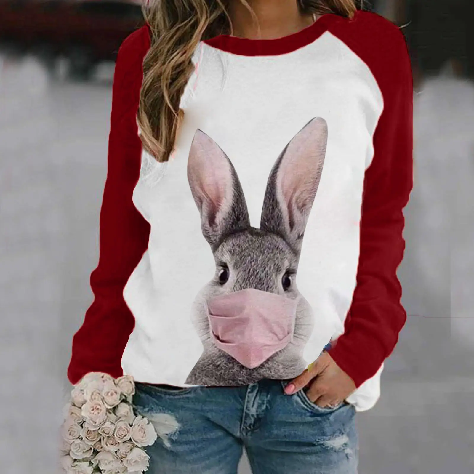 Rabbit Print Long Sleeve Sweatshirt Women Pink — feature 4