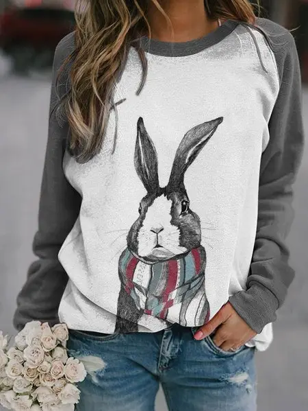 Rabbit Print Long Sleeve Sweatshirt Women Pink - Image 9