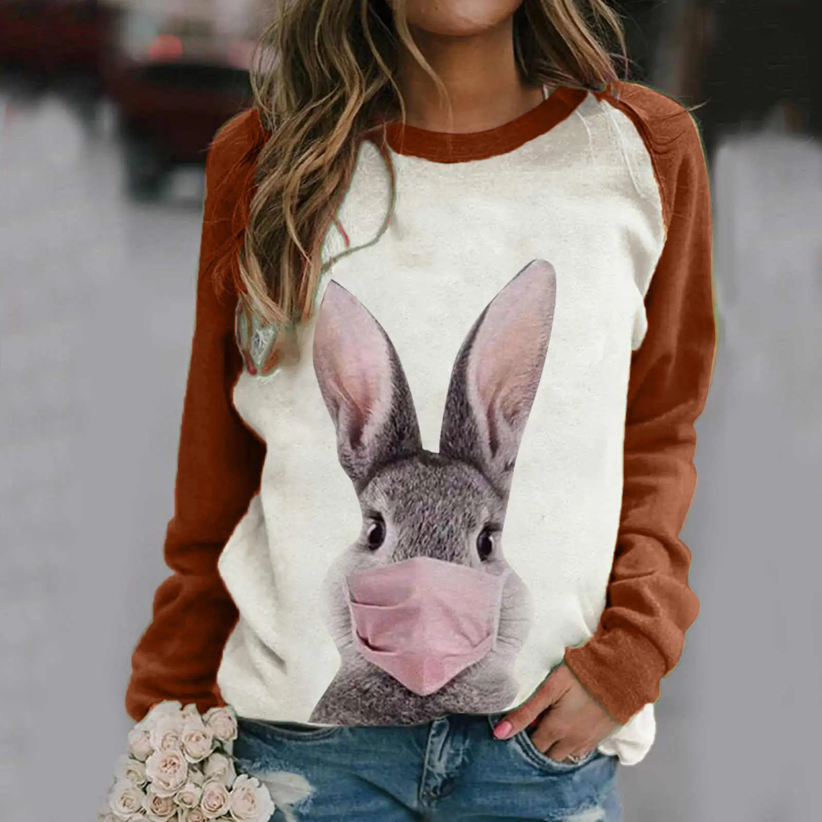 Rabbit Print Long Sleeve Sweatshirt Women Pink - Image 13
