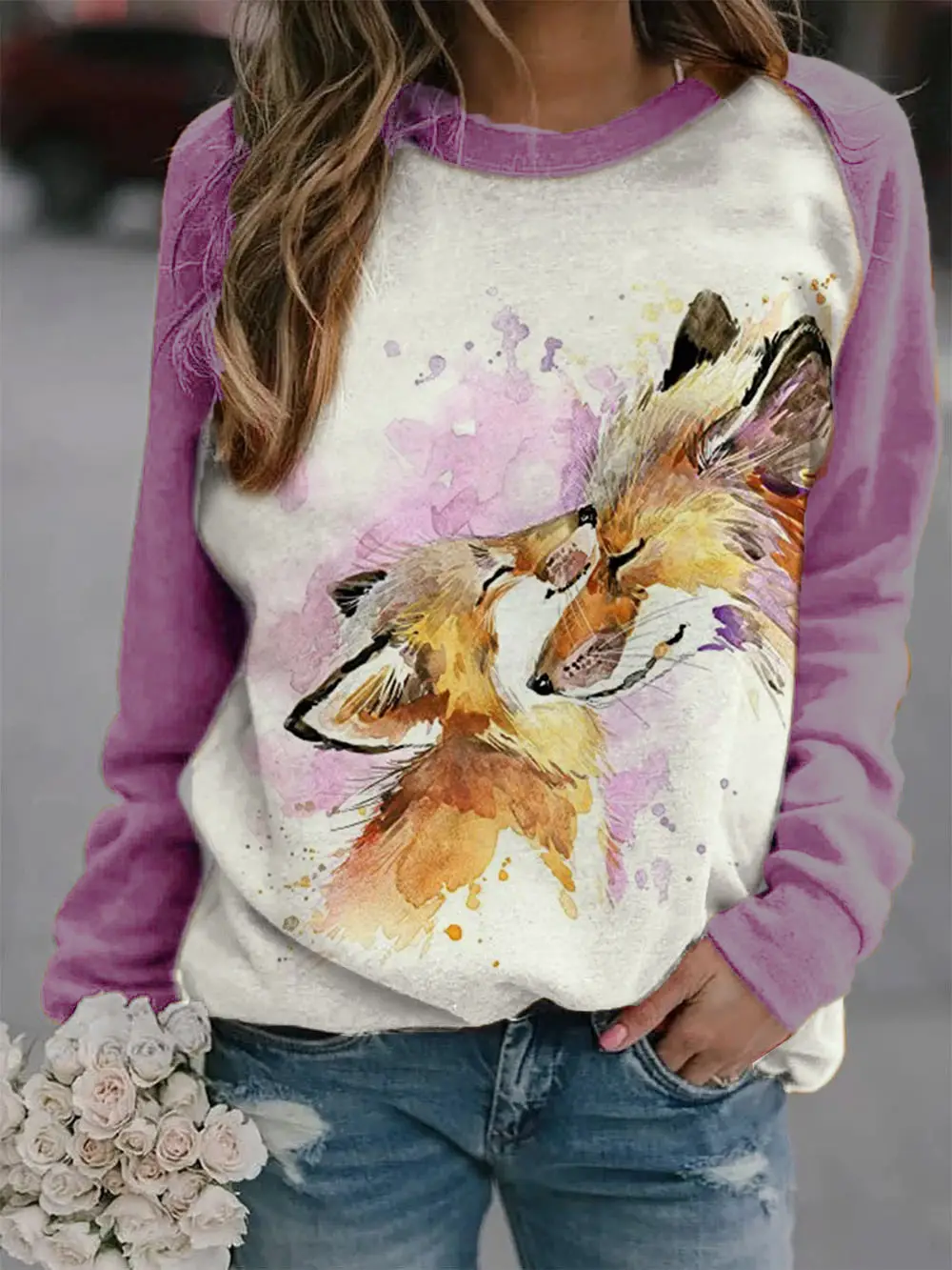 Rabbit Print Long Sleeve Sweatshirt Women Pink - Image 14