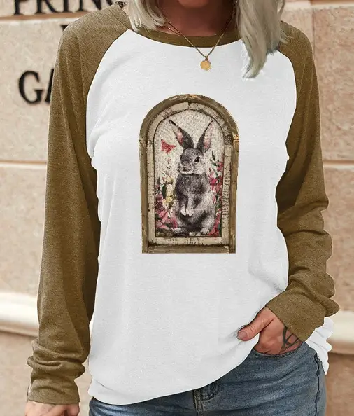 Rabbit Print Long Sleeve Sweatshirt Women Pink - Image 19