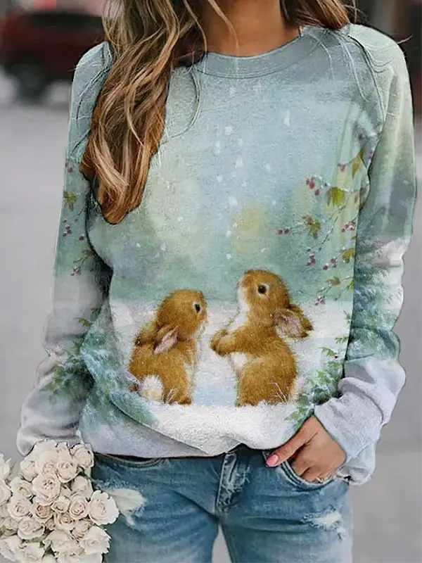 Rabbit Print Long Sleeve Sweatshirt Women Pink - Image 20