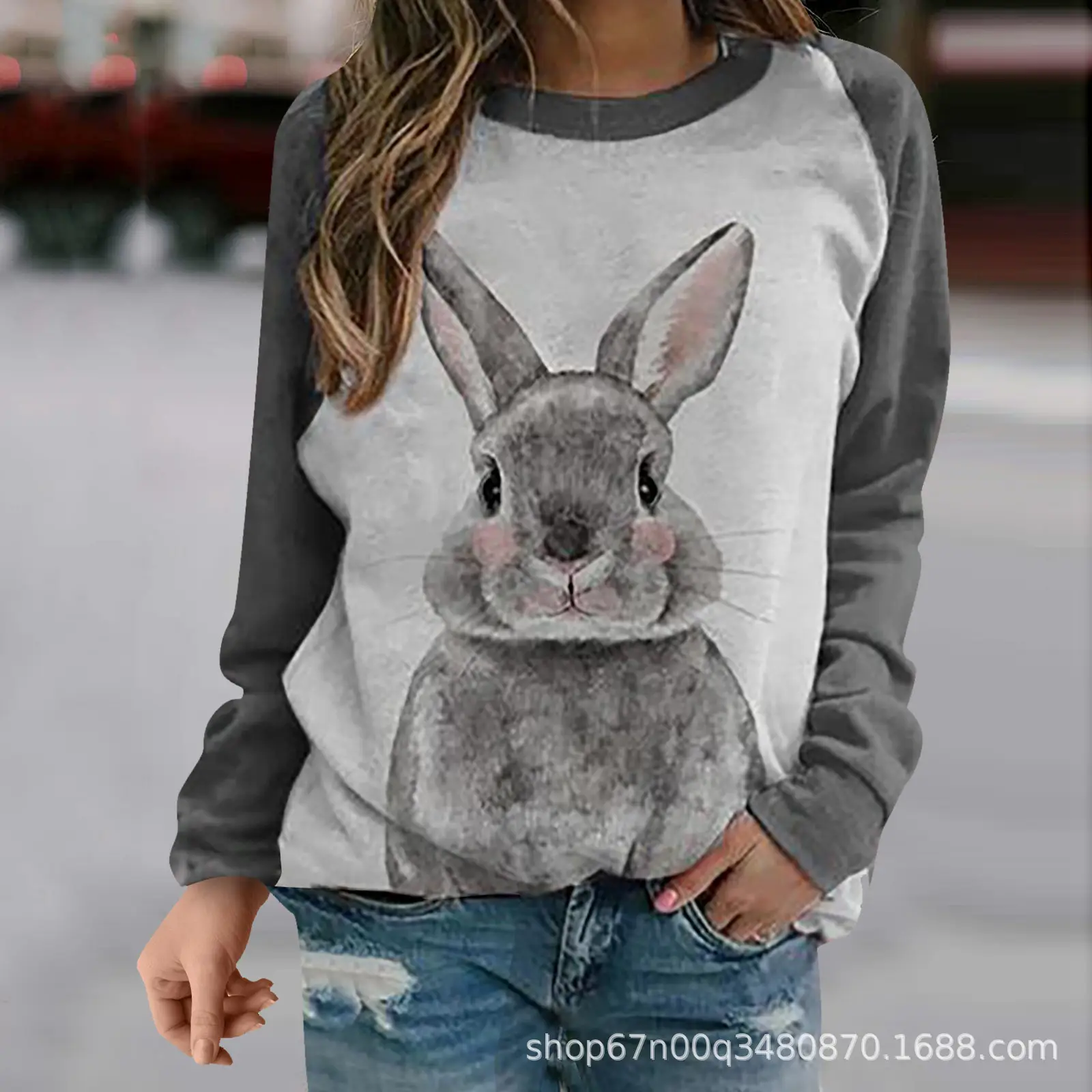 Rabbit Print Long Sleeve Sweatshirt Women Pink - Image 3