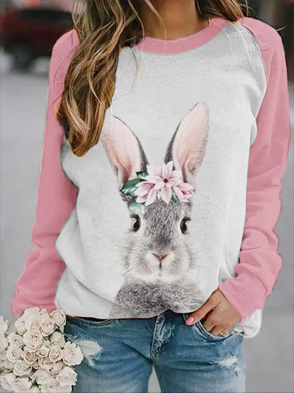 Rabbit Print Long Sleeve Sweatshirt Women Pink - Image 6