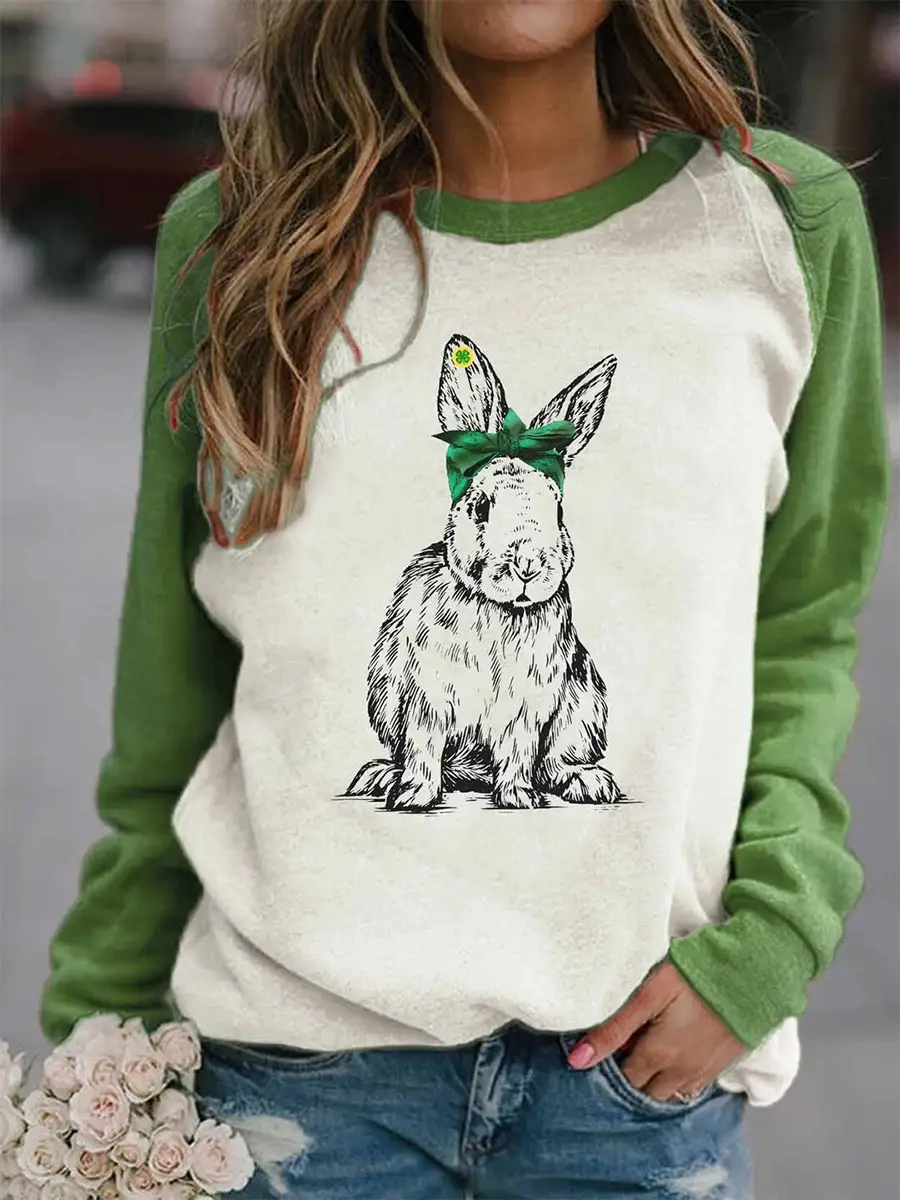 Rabbit Print Long Sleeve Sweatshirt Women Pink - Image 7