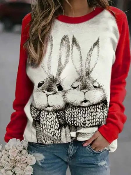 Rabbit Print Long Sleeve Sweatshirt Women Pink - Image 8