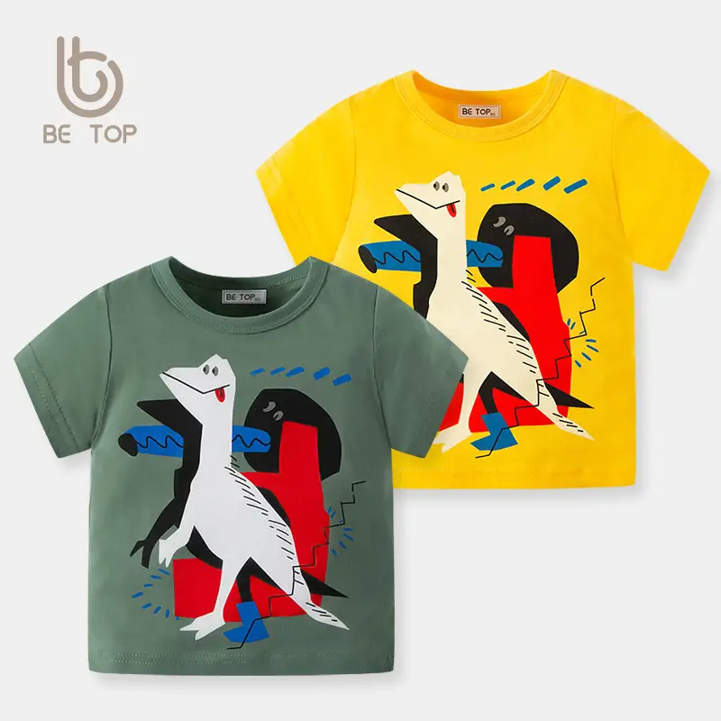 2026 Kids T-Shirt Green Dinosaur Print Short Sleeve Cotton