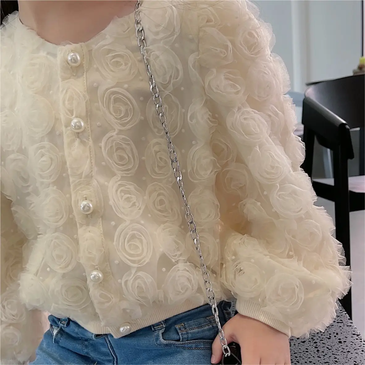 Girls Mesh Three-Dimensional Flower Cardigan Shirt - Image 3