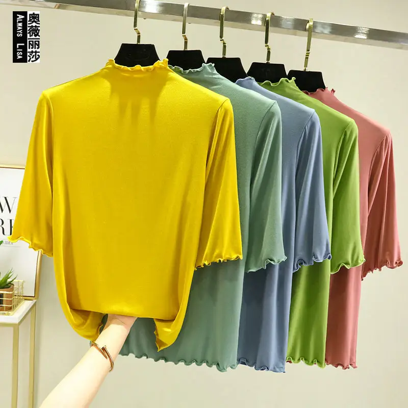 Women's Blue Half High Collar T-Shirt Five Sleeve - Image 12