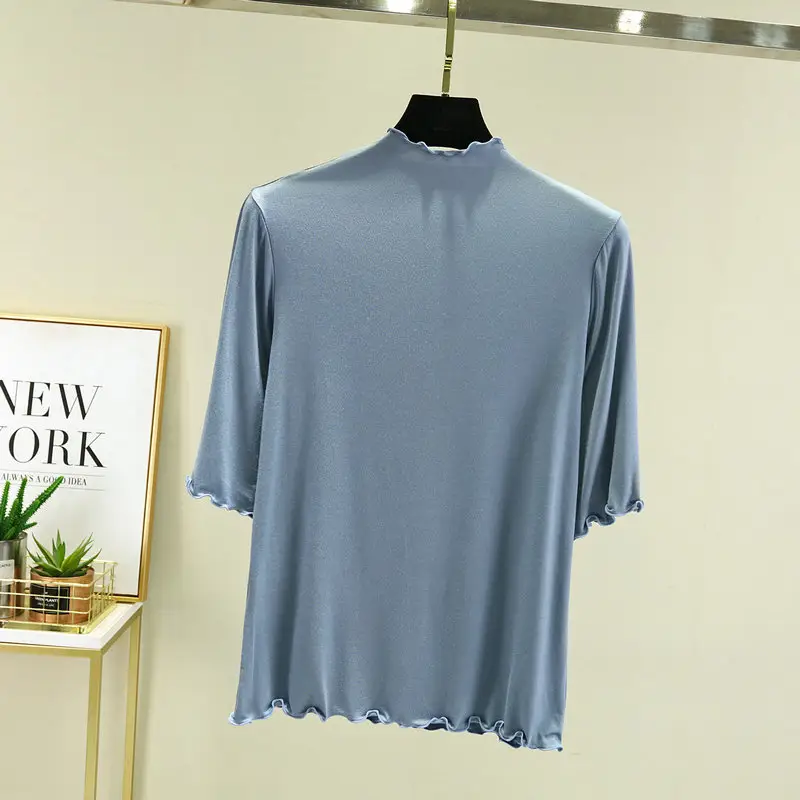 Women's Blue Half High Collar T-Shirt Five Sleeve - Image 13
