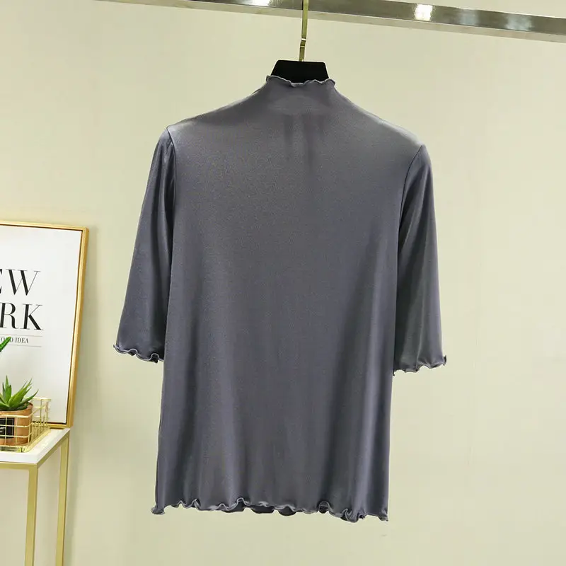 Women's Blue Half High Collar T-Shirt Five Sleeve - Image 14