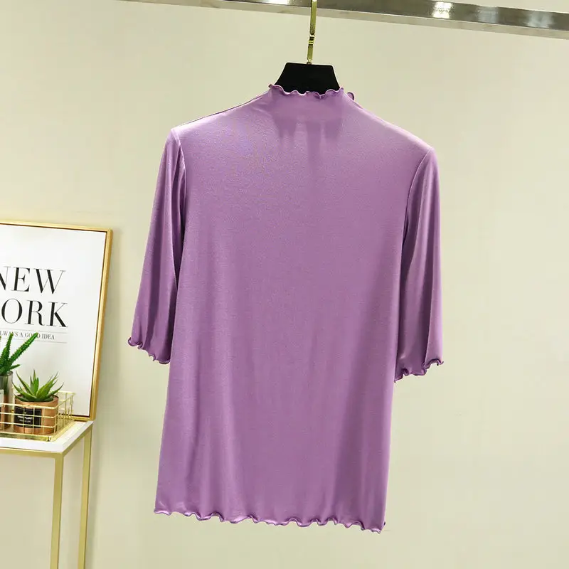 Women's Blue Half High Collar T-Shirt Five Sleeve - Image 2