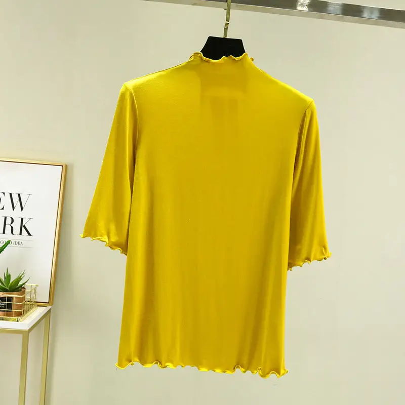 Women's Blue Half High Collar T-Shirt Five Sleeve - Image 3