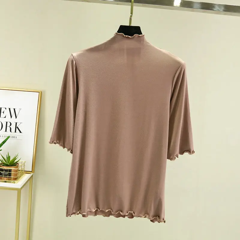 Women's Blue Half High Collar T-Shirt Five Sleeve - Image 4
