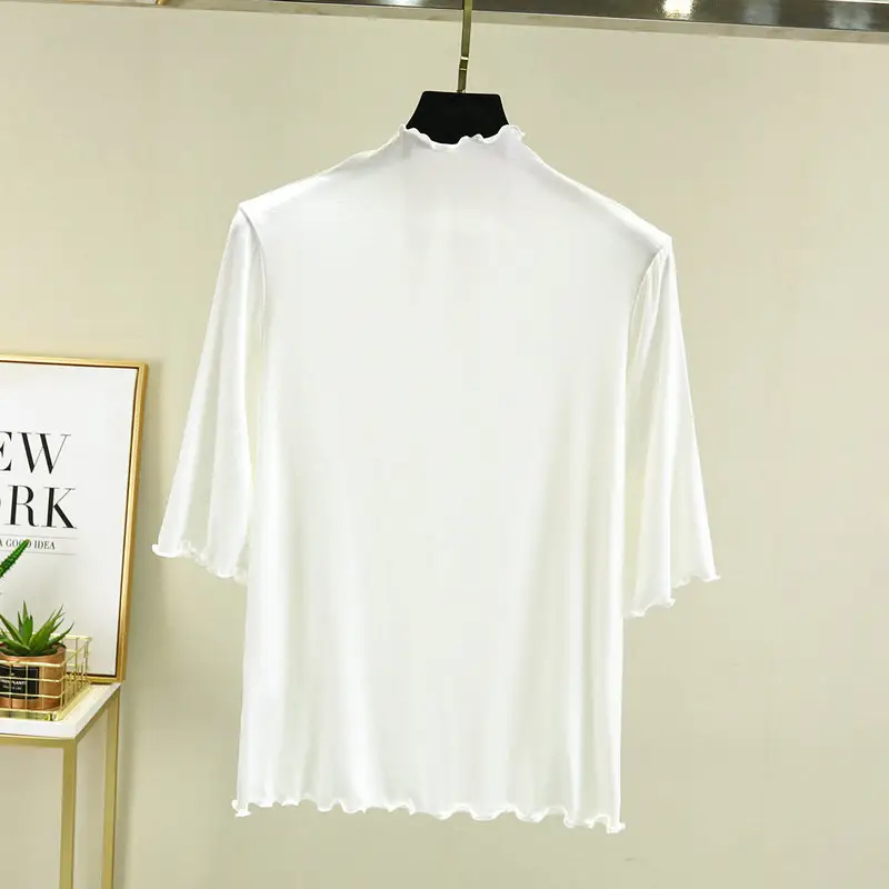 Women's Blue Half High Collar T-Shirt Five Sleeve - Image 5