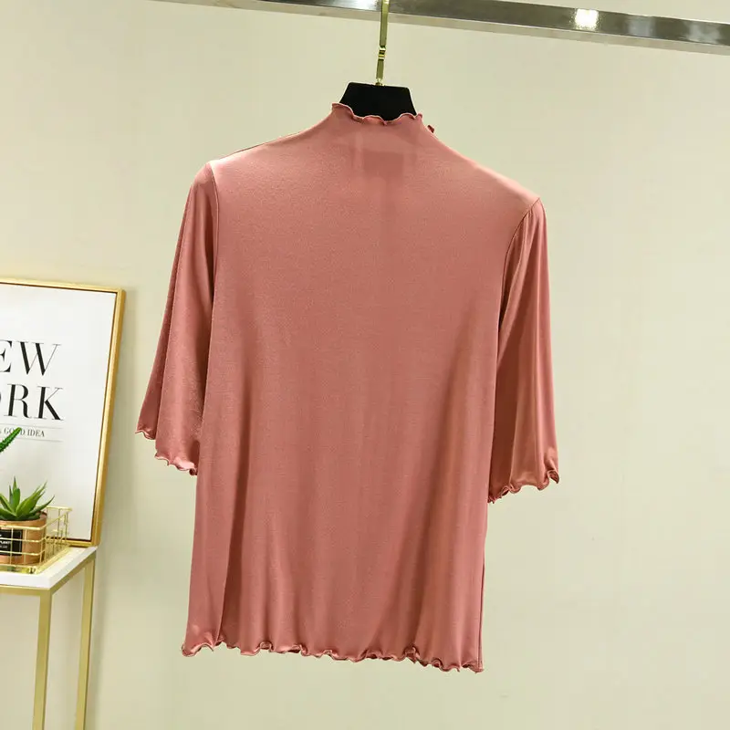 Women's Blue Half High Collar T-Shirt Five Sleeve - Image 6