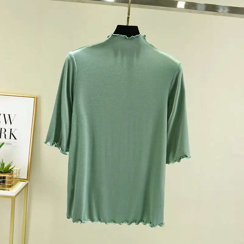 Women's Blue Half High Collar T-Shirt Five Sleeve - Image 8