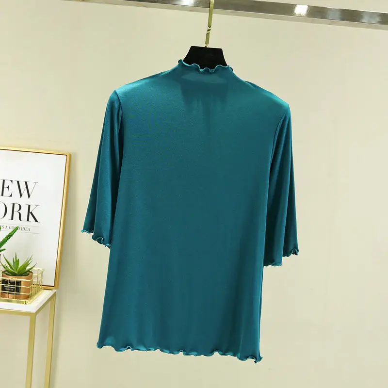 Women's Blue Half High Collar T-Shirt Five Sleeve - Image 9