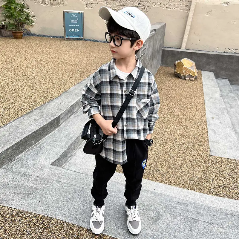 Kids Plaid Long Sleeve Shirt Set 2024 Spring