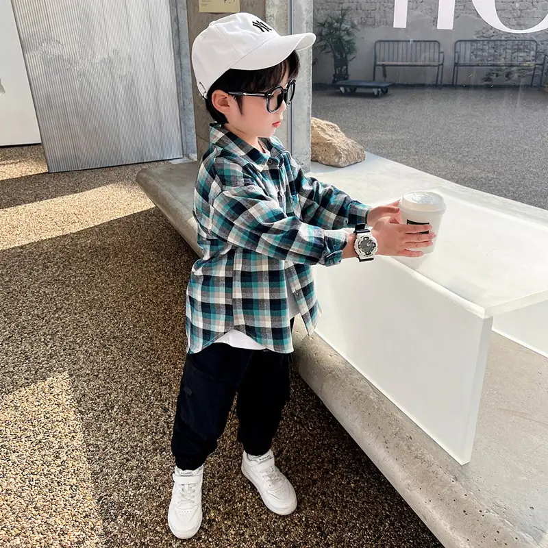 Kids Plaid Long Sleeve Shirt Set 2024 Spring