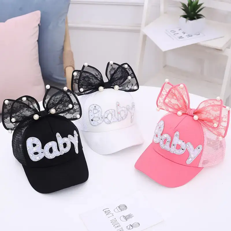Baby Lady Cap with Bow Pearl Lace Black - Image 19