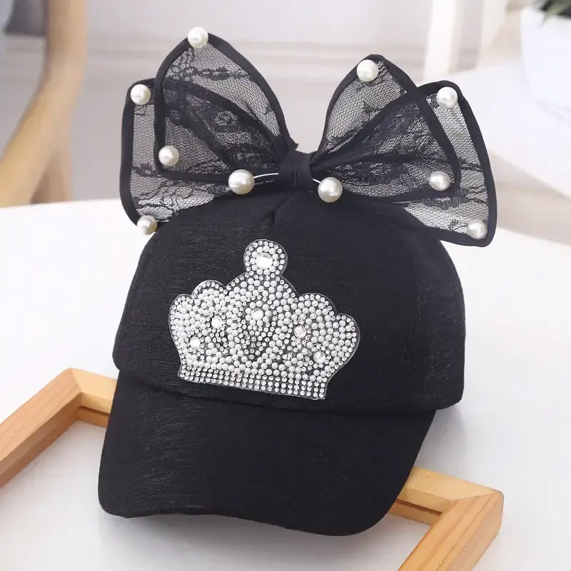 Baby Lady Cap with Bow Pearl Lace Black - Image 13